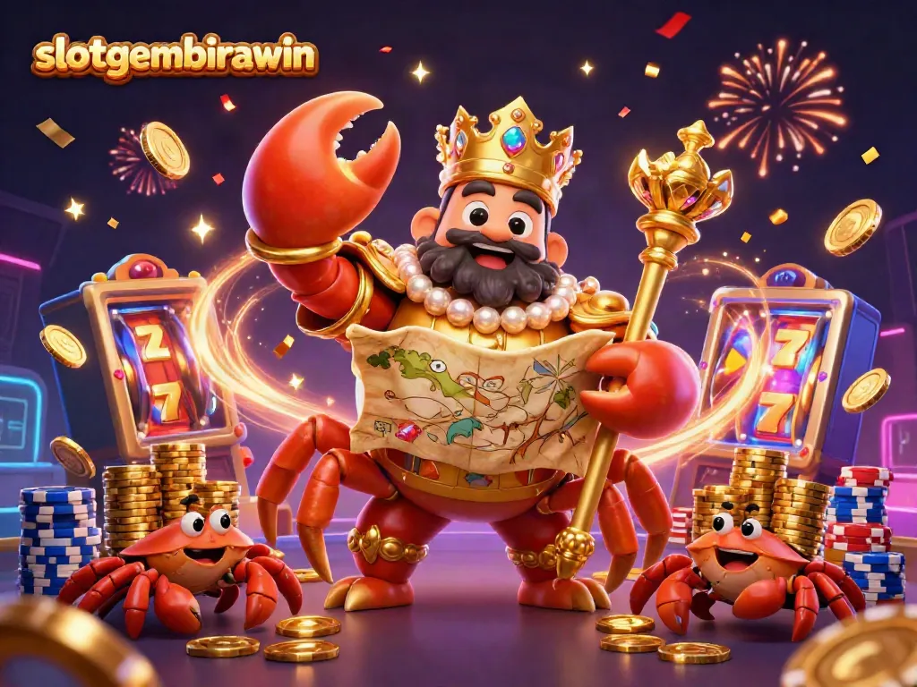 Experience the excitement of slotgembirawin with a vivid illustration featuring a golden crab emperor in a treasure-filled casino.