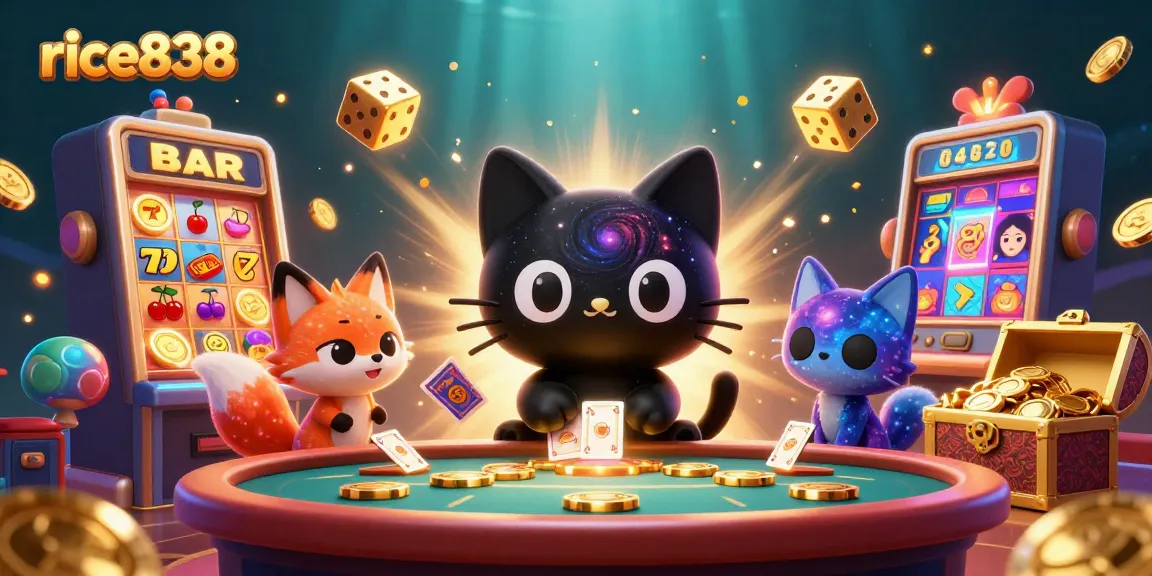 Engage with the rice838 platform featuring a cartoon black hole cat gaming at a cosmic casino.