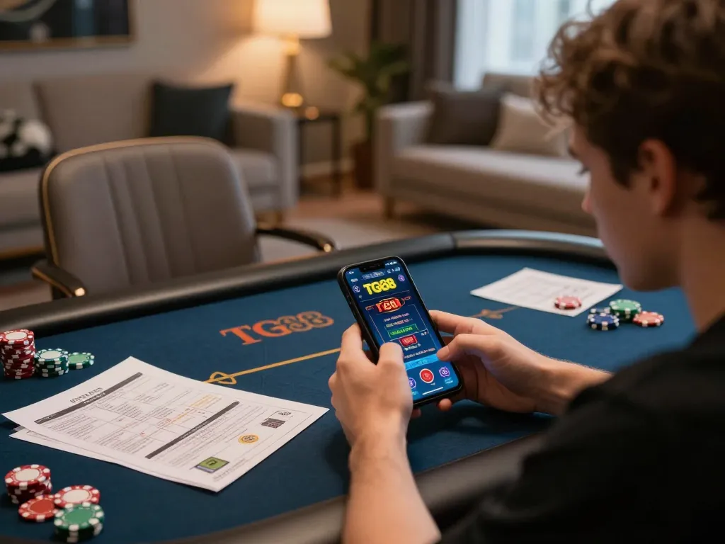 Player engaging with TG88 casino app on smartphone at home, showcasing strategic gambling setup.
