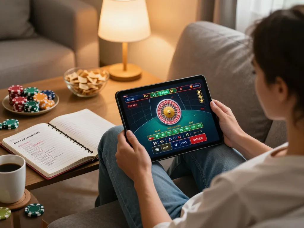 Player engaging with TR88 online casino action on tablet, surrounded by strategic gaming notes.