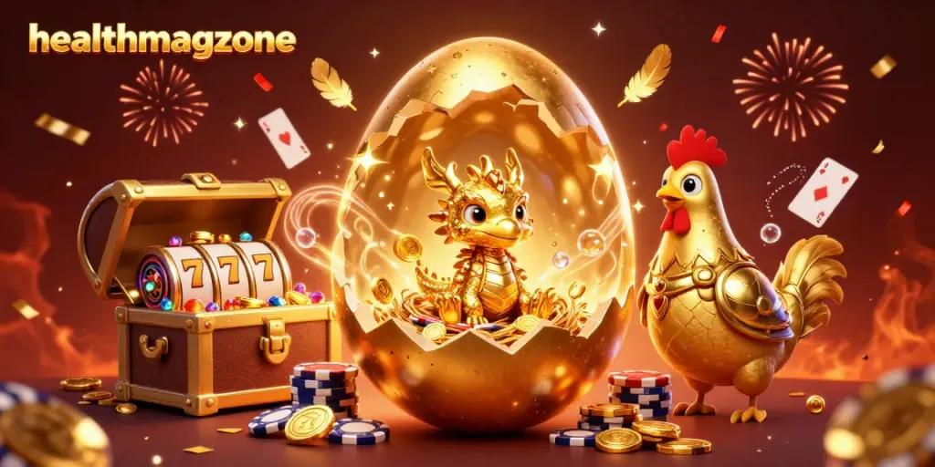 Mainkan slot online di healthmagzone dengan ilustrasi menarik dari naga emas dan simbol perjudian.