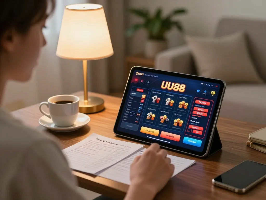 UU88 player engaging with casino app on tablet in cozy home environment, highlighting strategic gameplay.
