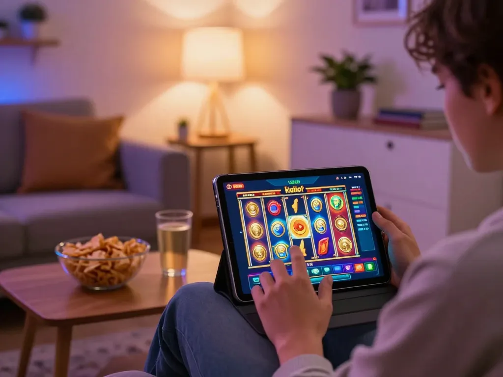 Engaged player spinning kdslot reels on a tablet in a cozy home setup, highlighting online gaming
