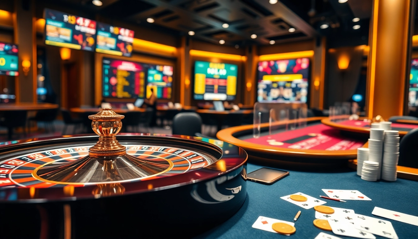 Experience the excitement of ta88 bóng đá with a luxurious casino scene showcasing roulette, poker tables, and live betting.