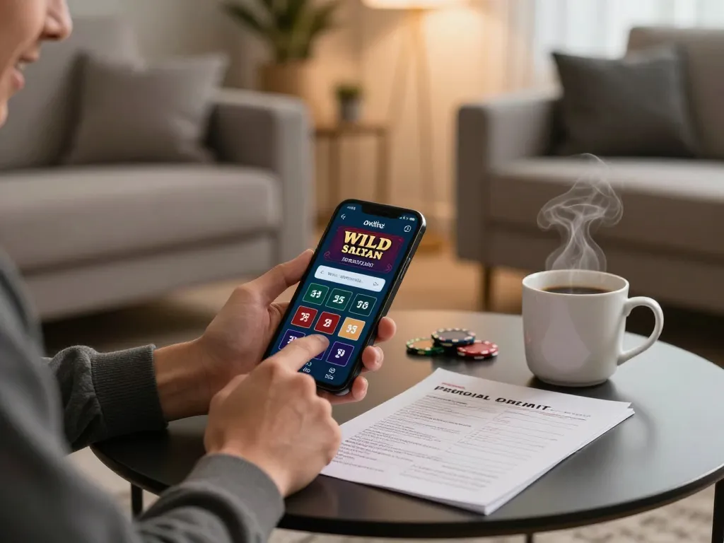 wild sultan retrait process in a cozy home atmosphere, showing smartphone use for casino gaming.