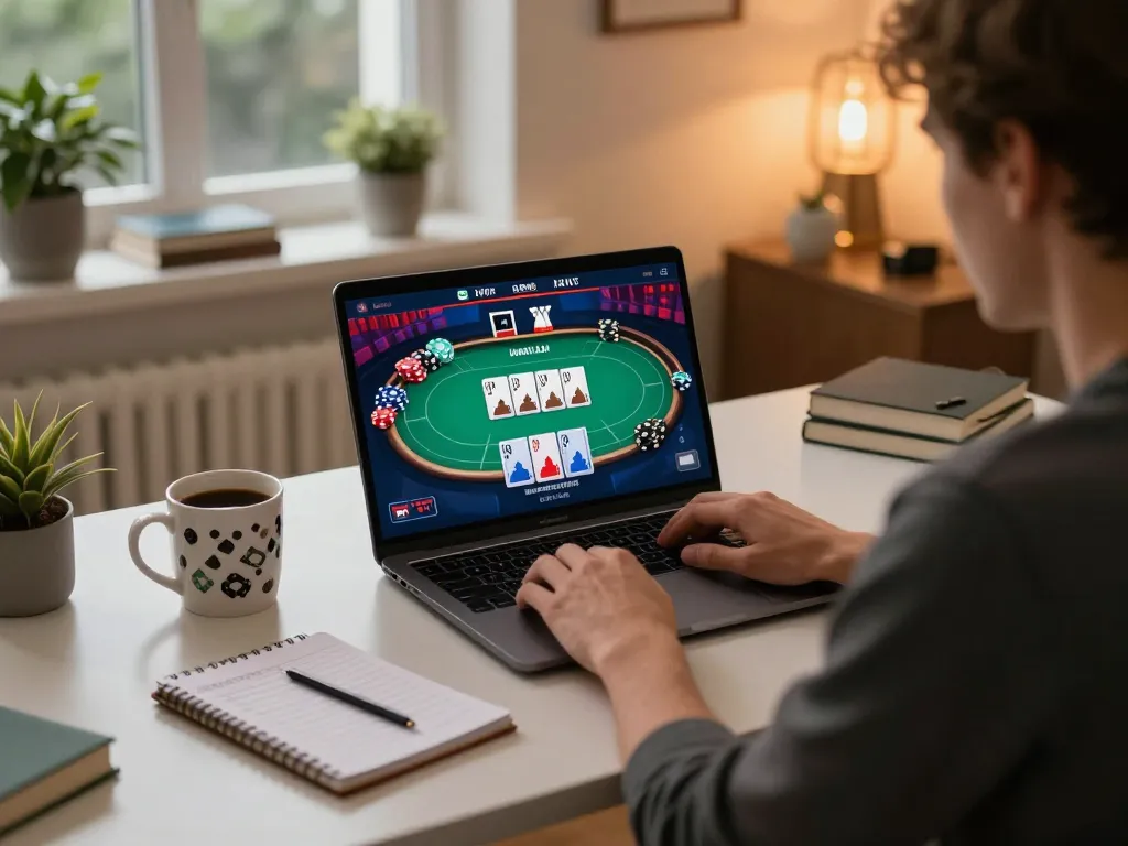 Sesi poker online yang menarik di Bintangmpo dengan catatan strategi, kantor rumah modern.