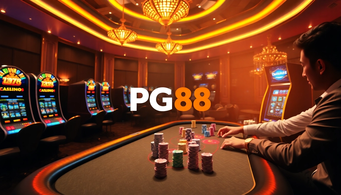Players experiencing the thrill of PG88 casino with vibrant slot machines and poker games.