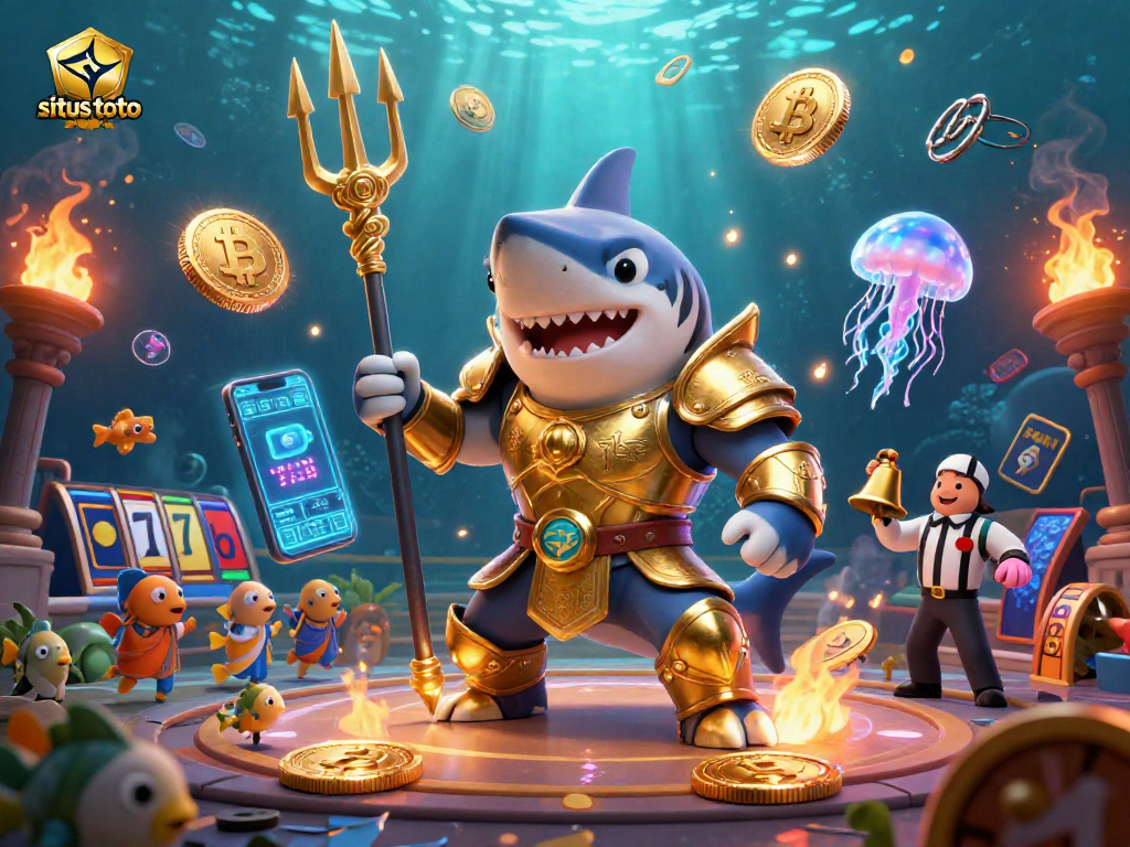 Engage with situs toto in an underwater casino scene featuring a fierce tiger shark, slot reels, and digital coins.