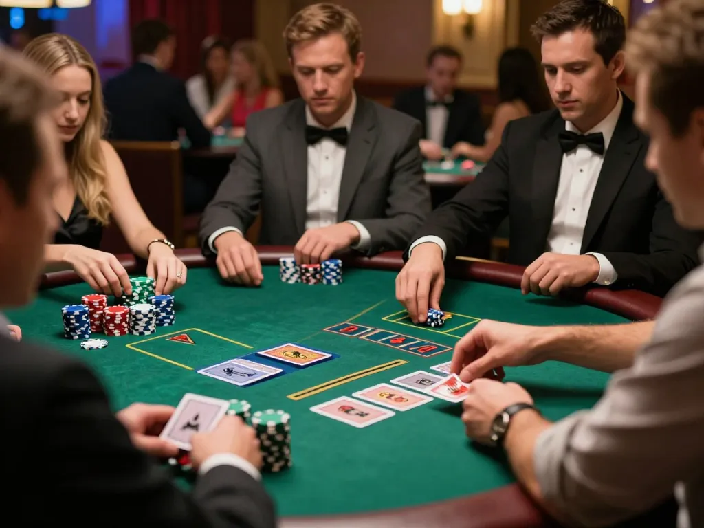 Pemain yang berdiskusi strategi di meja blackjack, memperlihatkan keseruan bertaruh dengan chip KING55.