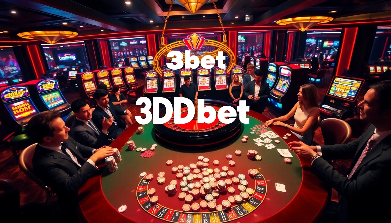 A thrilling casino scene at 3Dbet showcasing players strategizing around a roulette table with vibrant poker chips.
