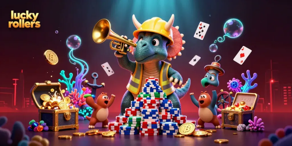 Get ready to maximize thrills at Lucky Rollers crypto casino with a lively 3D illustration.