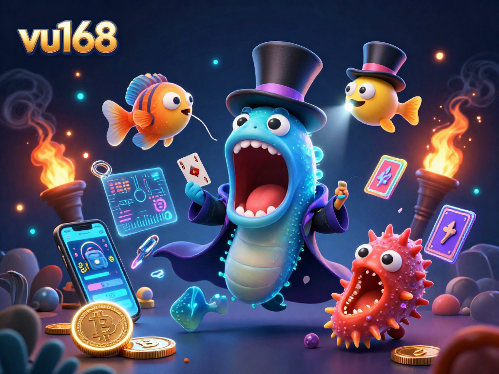 Experience the excitement of vu168 with a vibrant 3D magic scene showcasing a deep-sea eel and anglerfish.