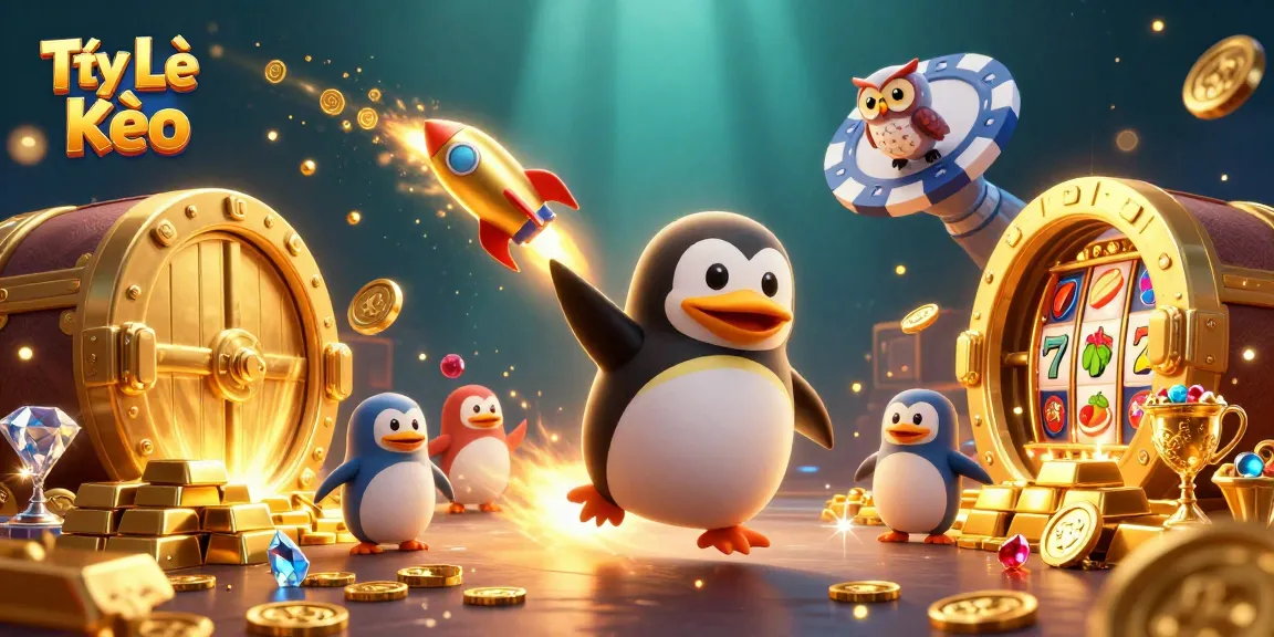 Experience Tỷ Lệ Kèo with a dynamic casino illustration featuring golden elements and a playful penguin.