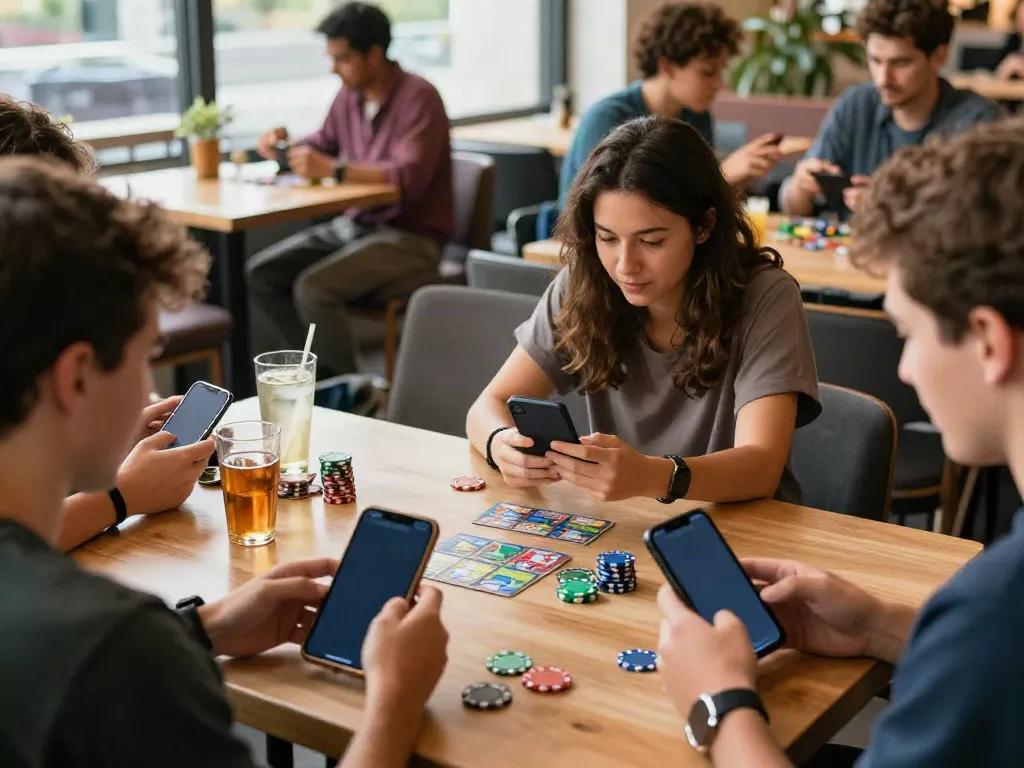 Players engaging with the Rumble Rummy app in a lively café, highlighting mobile gaming enjoyment.