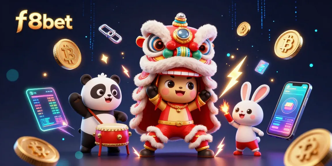 Engage with f8bet through a vibrant 3D illustration featuring a lion dance, crypto elements, and lively casino decorations.