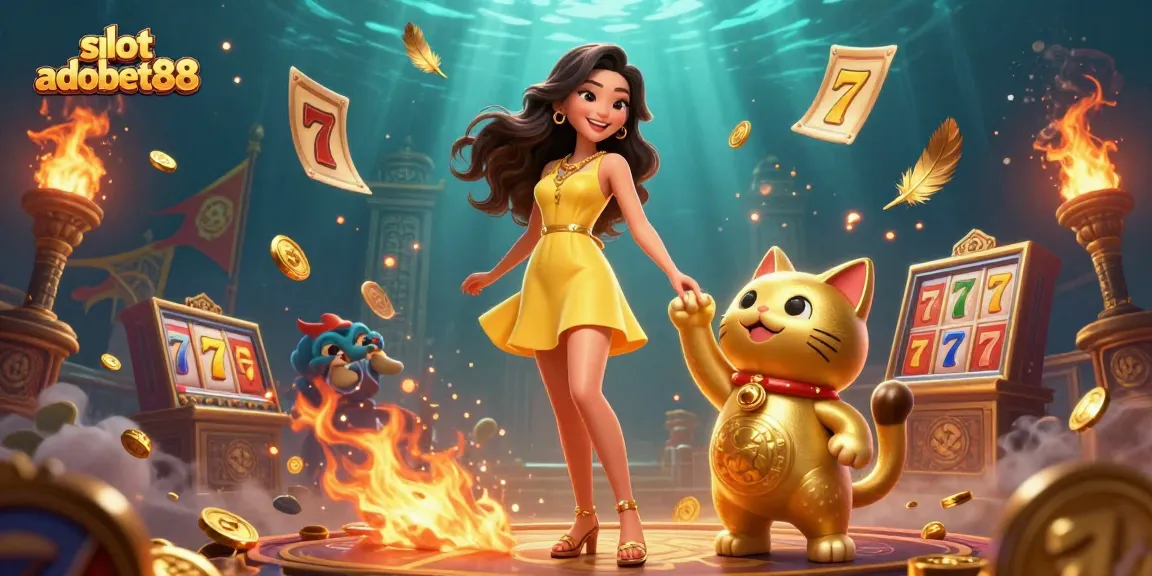 Experience winning moments at slot adobet88 with a joyful woman and a golden lucky cat mascot in a vibrant casino scene.