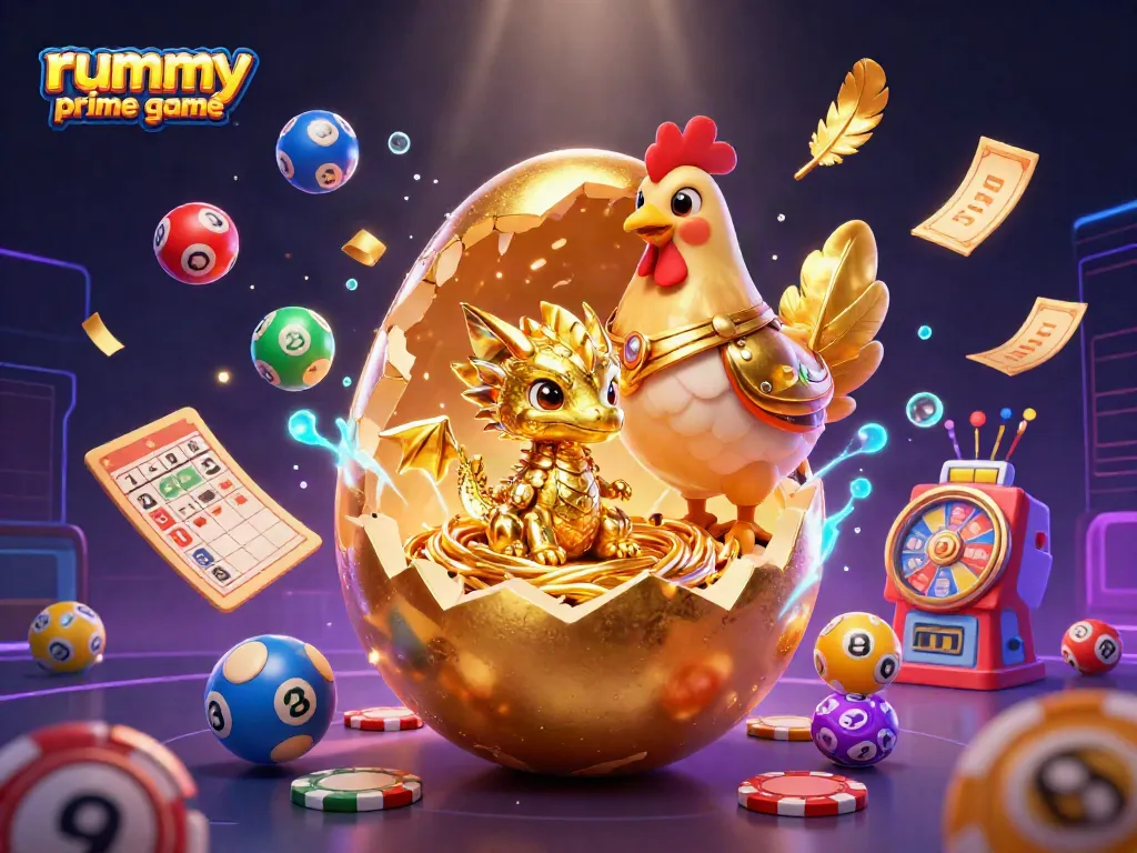 Engage with the rummy prime game featuring a golden baby dragon amidst vibrant casino elements.