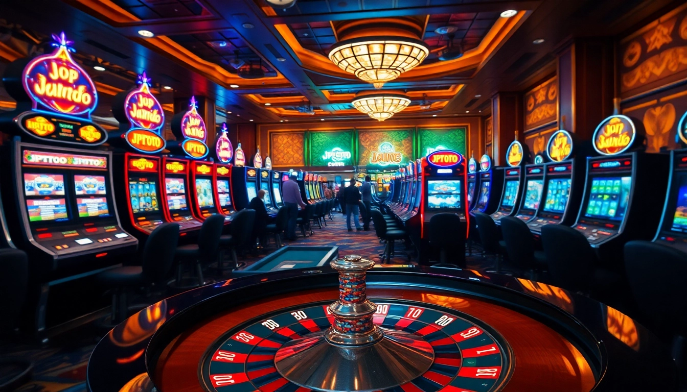 Scene permainan yang menarik menampilkan mesin slot JPTOTO dengan grafis yang hidup dan chip poker berwarna-warni.