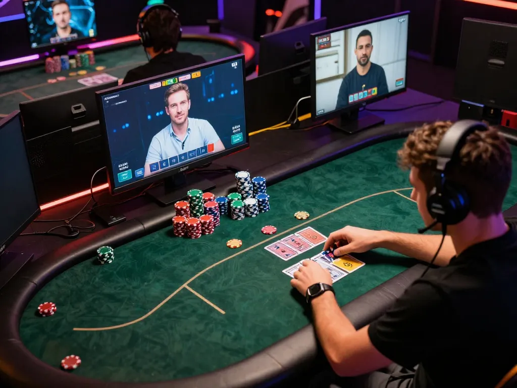 Engaged player participating in online gambling at Lc88 com, showcasing multiple screens and vibrant atmosphere.