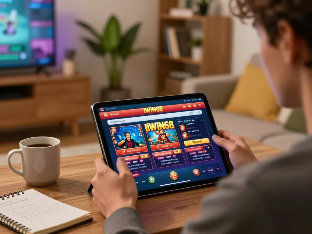 IWIN68 player engages with tablet gaming in a cozy, well-lit environment