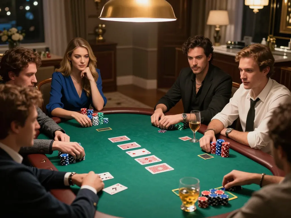 Players strategizing at dr88 poker table featuring colorful chips, cards laid out, and social atmosphere