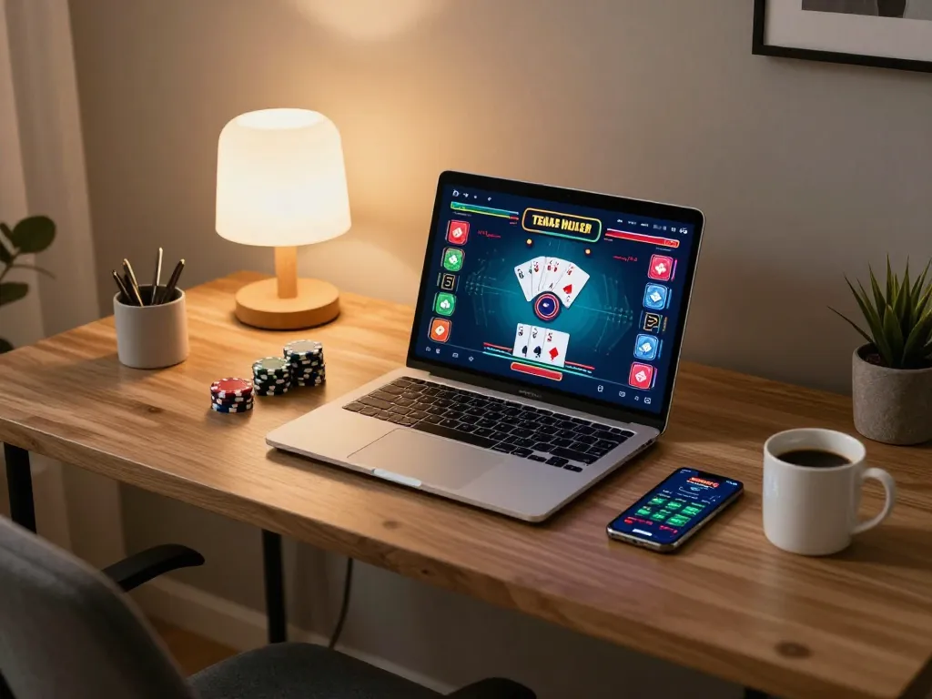 Engage in online poker at home with gatewayelex setup, showcasing a laptop, chips, and cozy environment.