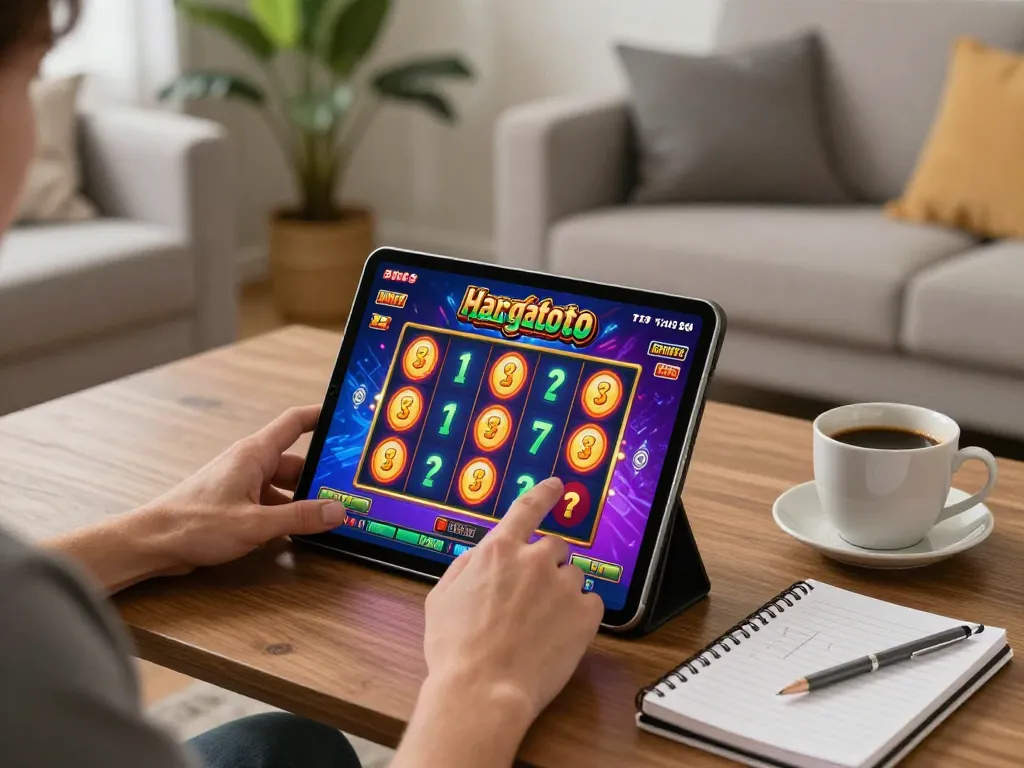 Permainan yang menarik di hargatoto slot ditampilkan di tablet dalam suasana rumah yang nyaman