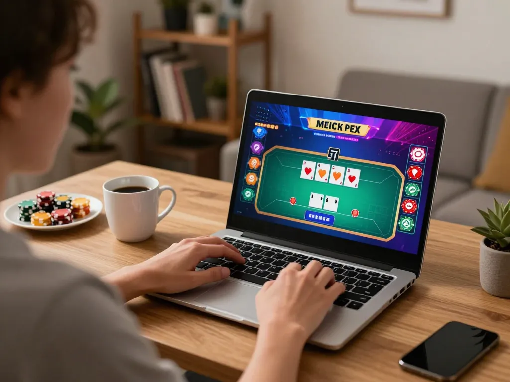 Engaging online gambling gameplay at taixiusunwin.art with a live poker game displayed on laptop.