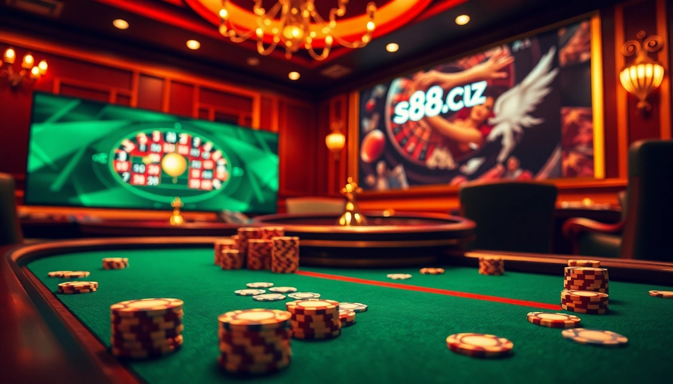 Engage in thrilling gameplay at s8cz.com with poker chips and cards on a vibrant casino table.