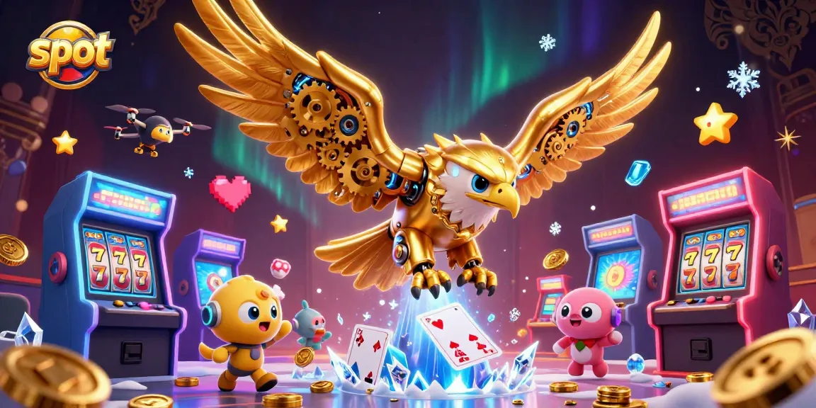 Spin the slot reels and jackpot counters with a cybernetic eagle amidst vibrant gaming elements.