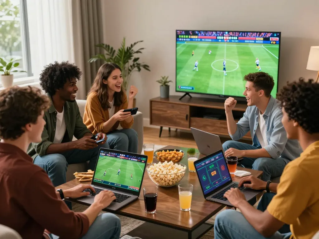 Friends enjoying an exciting online betting experience with 88aa bet on multiple devices, showcasing a lively atmosphere.
