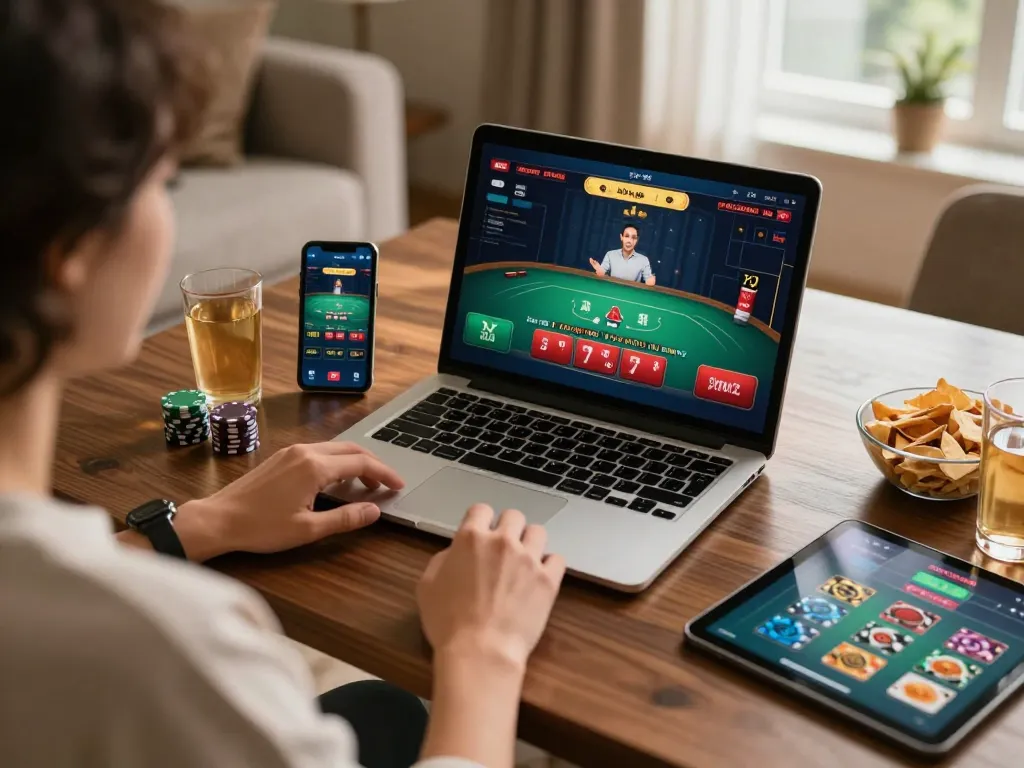 Player immersed in live blackjack on f8beta2, showcasing vibrant home gaming setup.