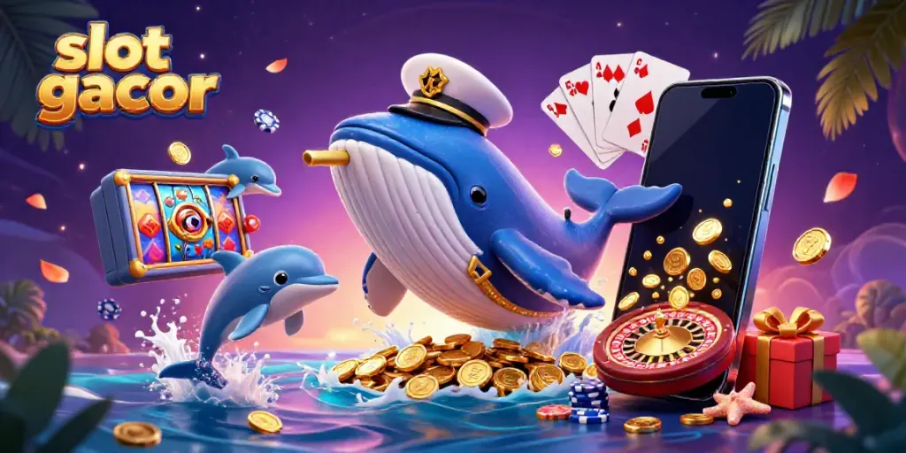 Experience the thrill of slot gacor with an enchanting scene of a cartoon whale and ocean friends surrounded by vibrant casino elements.