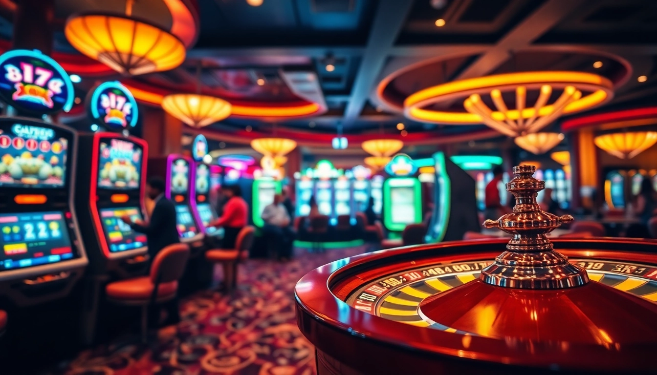 Intensive Spielerfahrung im Casino spielen mit bunten Spielautomaten und Roulettetisch.