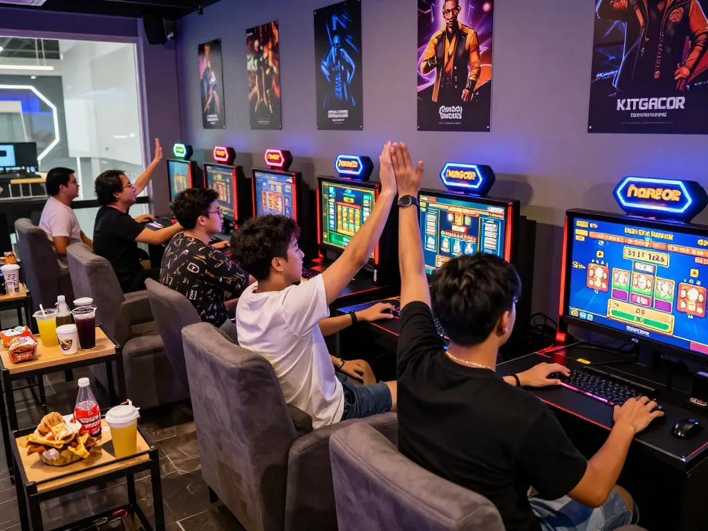 Pemain menikmati pengalaman permainan situs slot gacor online di lounge yang penuh warna.