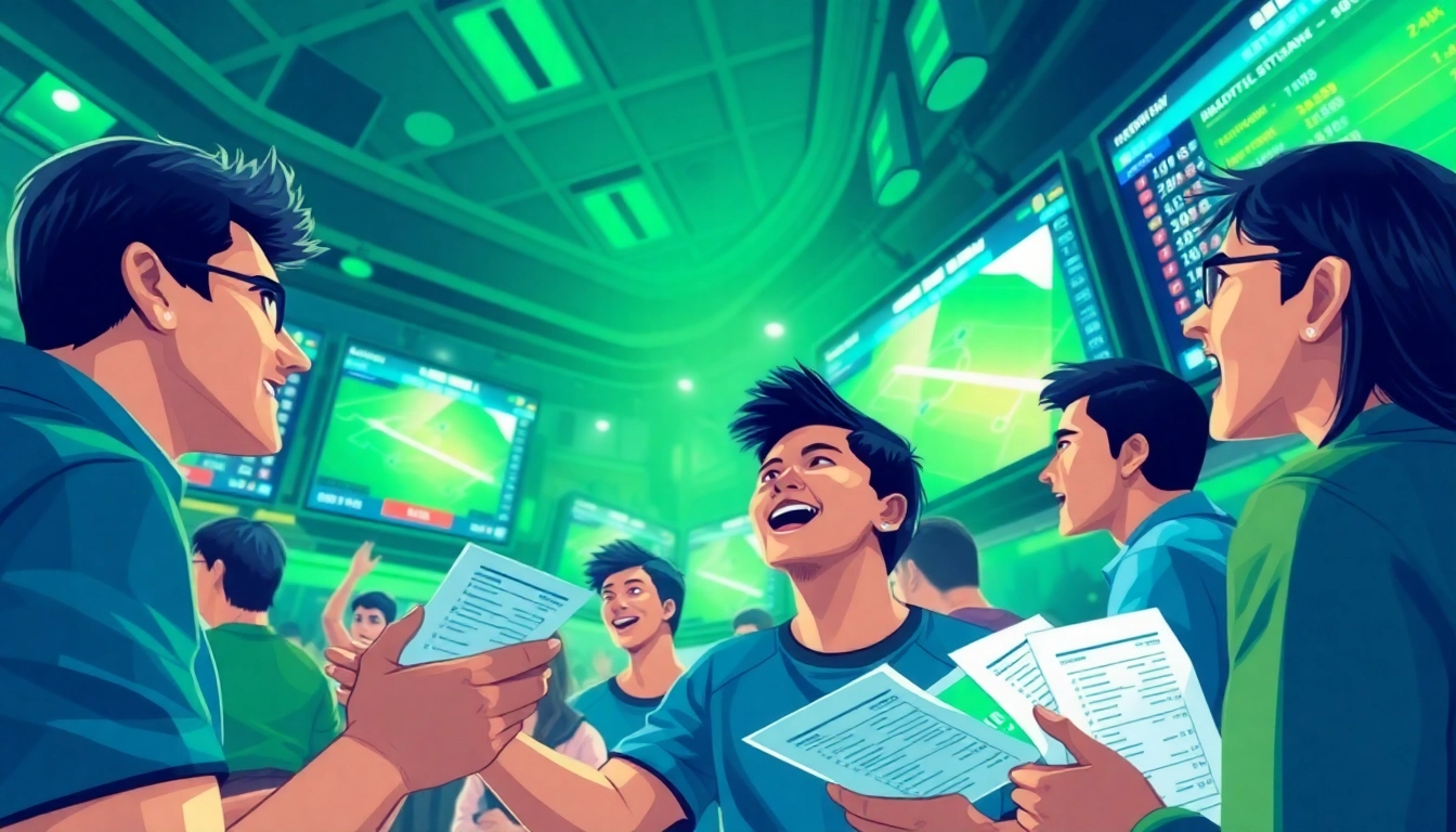 Exciting keonhacai sports betting environment with fans, screens, and statistics.