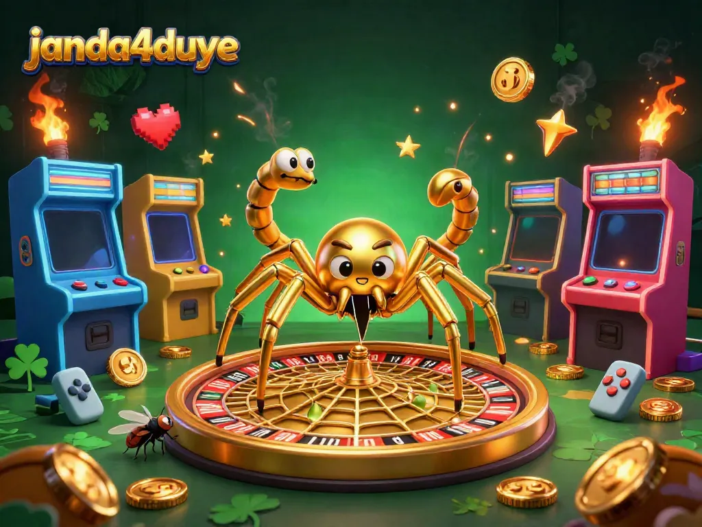 Gambar ilustrasi 3D janda4duye, laba-laba emas berputar di roda roulette dan serangga bertaruh di kasino