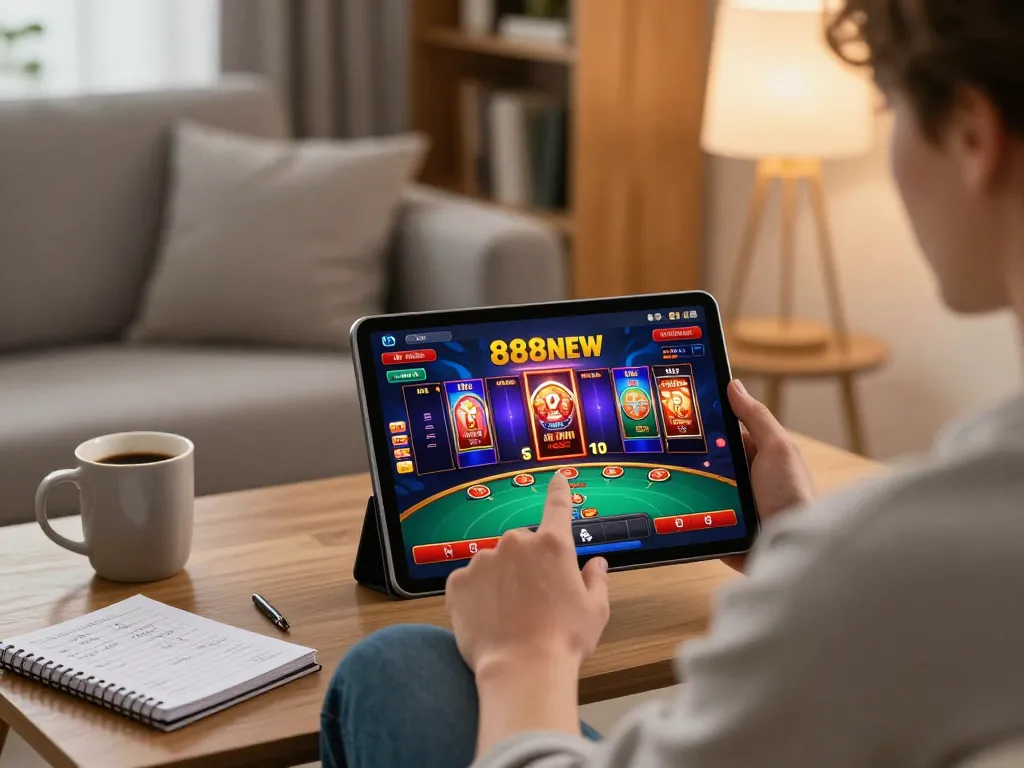 Players engaging with 888NEW's online gaming interface on a tablet in a cozy home setting.
