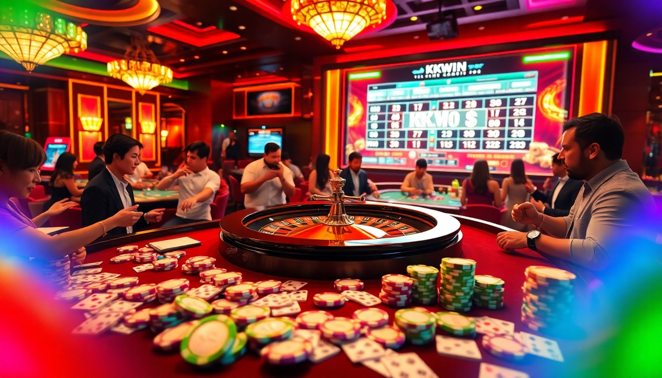 Experience the excitement of winning at KKWIN with vibrant casino action, roulette tables, and digital gaming interfaces.