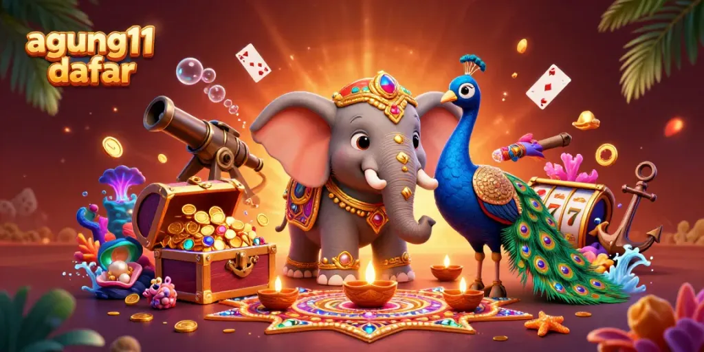 Aktifkan permainan slot dengan agung11 daftar di latar belakang penuh warna dan hiasan kasino.