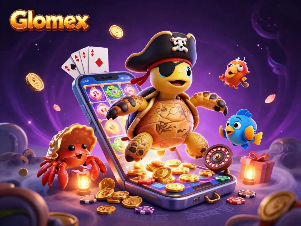 Engage with Glomex's thrilling slot experience featuring a cartoon turtle amid dynamic gaming elements.
