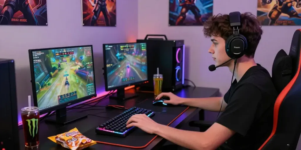 Engaged gamer using loket88 platform on a dynamic gaming setup.