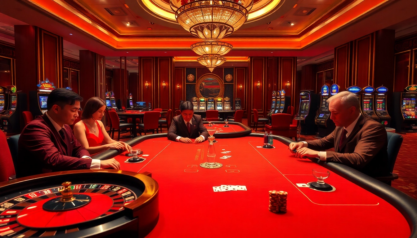 Players enjoying an exhilarating poker night at MB66 casino, showcasing luxury and excitement.