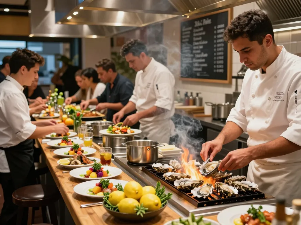 Delicious seafood grill preparation at https://www.theshackok.com/ showcasing fresh oysters and vibrant ingredients in a lively kitchen.