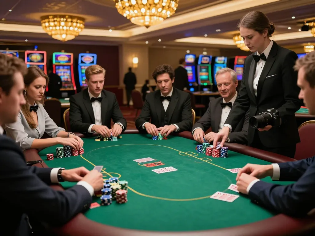 Players strategizing at a poker table in 789CLUB with colorful chips and intense focus on game