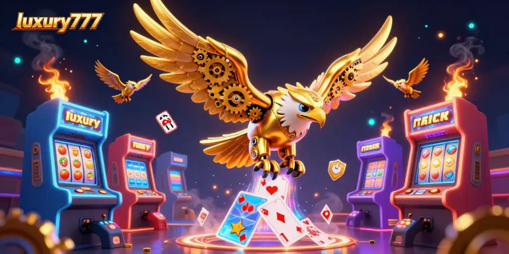Experience dynamic gameplay with luxury777, featuring a cybernetic eagle and colorful casino symbols.