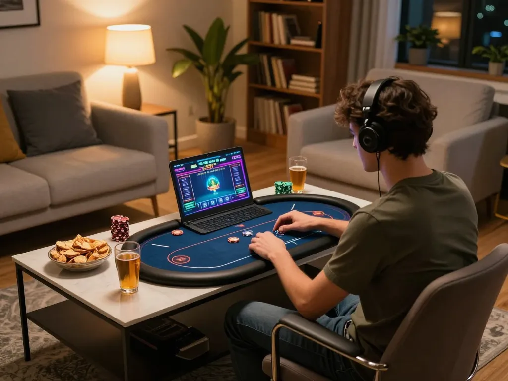 lmhistory online poker setup with a player focused on laptop and inviting home atmosphere