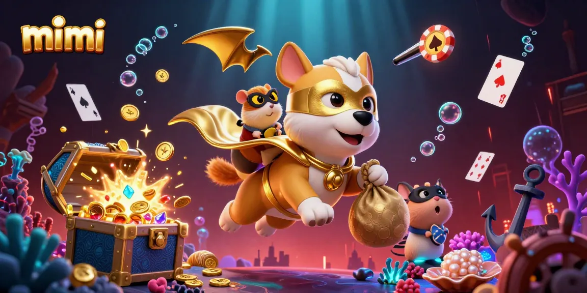 Mimi casino game experience: the superhero dog flies alongside treasure and poker elements