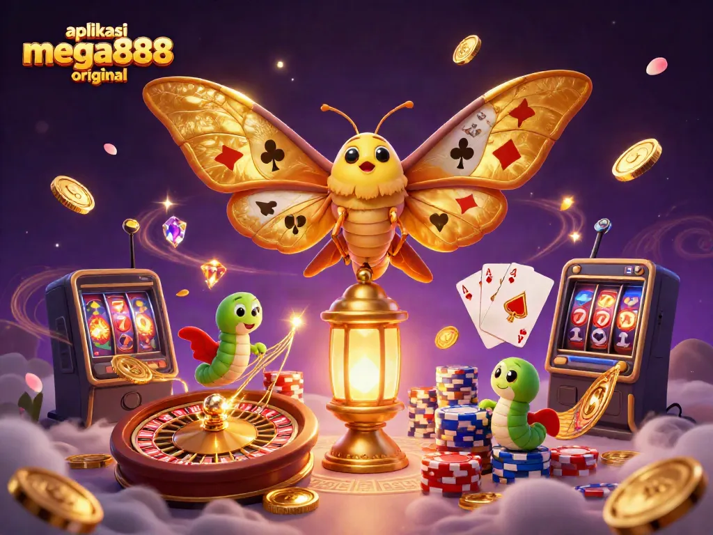 Engage in the excitement of aplikasi mega888 original with a dynamic scene featuring casino elements, golden coins, and vibrant graphics.