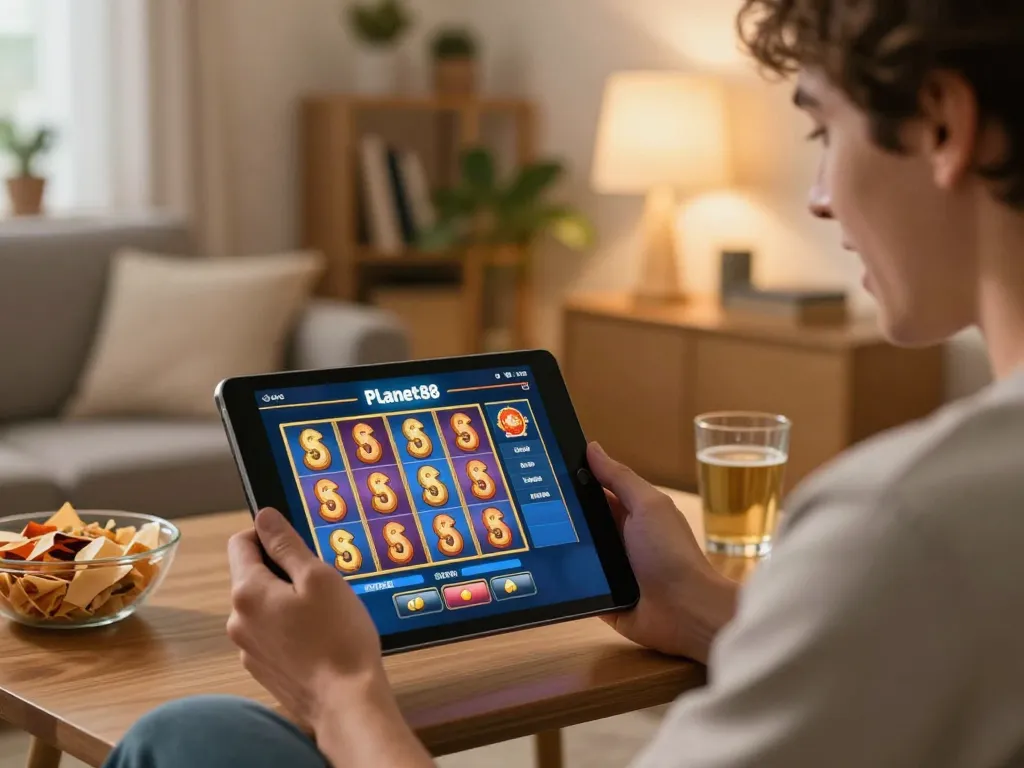 Engaging player enjoying planet88 slot on tablet, cozy home setting with snacks and warm lighting